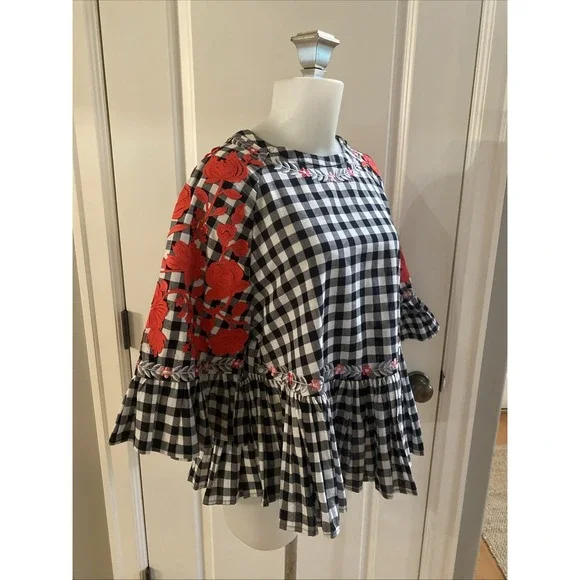 Anthropologie Pankaj Nidhi Gingham Swing Ruffle Embroidered Top Size XS Boho - Picture 3 of 14